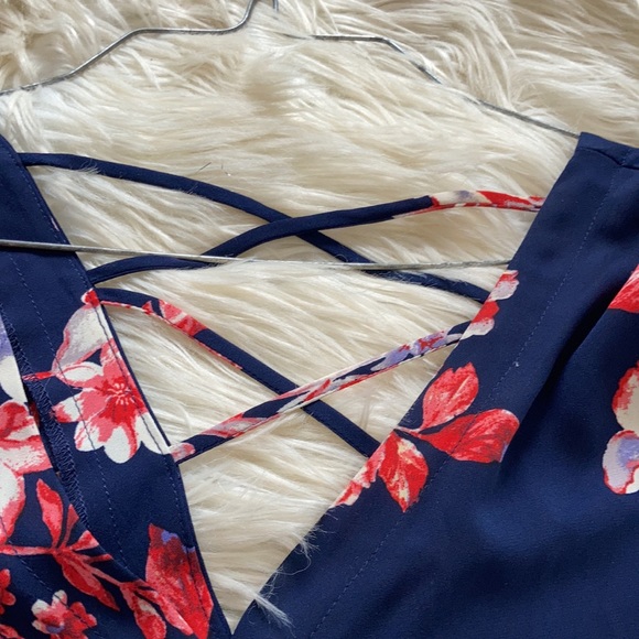 Sandy & sid floral navy pink short sleeve open stringy back blouse top shirt - Picture 14 of 17